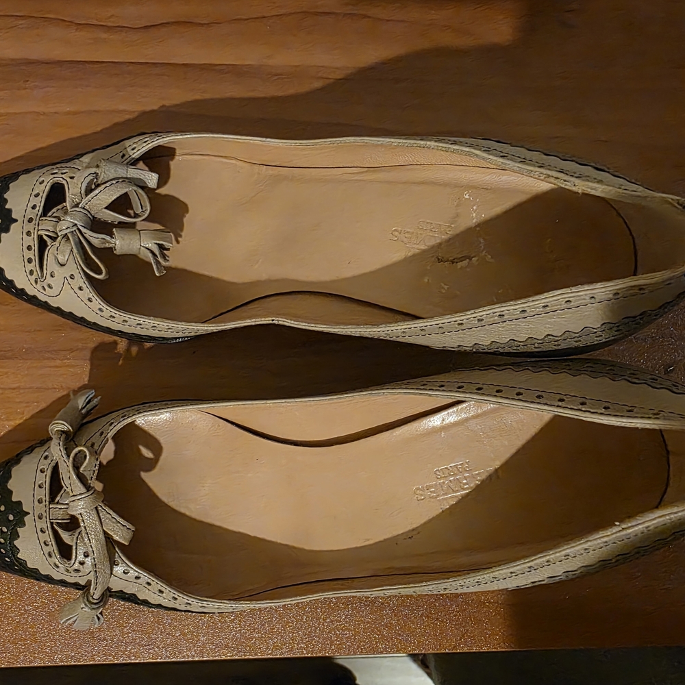Cream and Black Flats with Decorative Toe